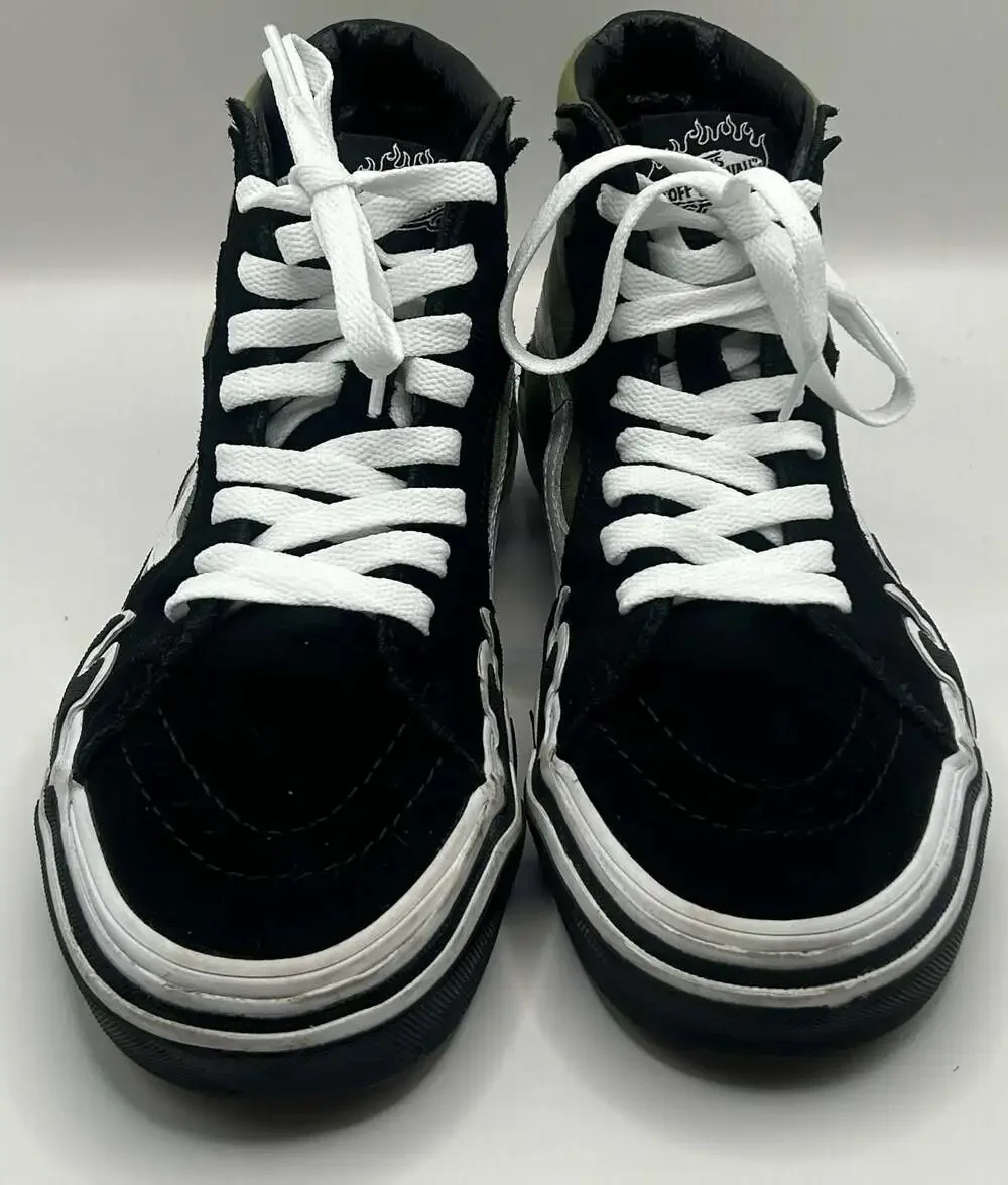 Vans Sk8-Hi High Top Sneakers with Black Flame Details and Olive Green Canvas